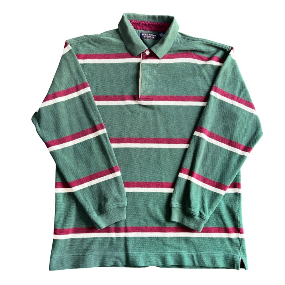 Roundtree & Yorke Mens XL Green Burgundy Striped Long Sleeve Rugby Polo Shirt